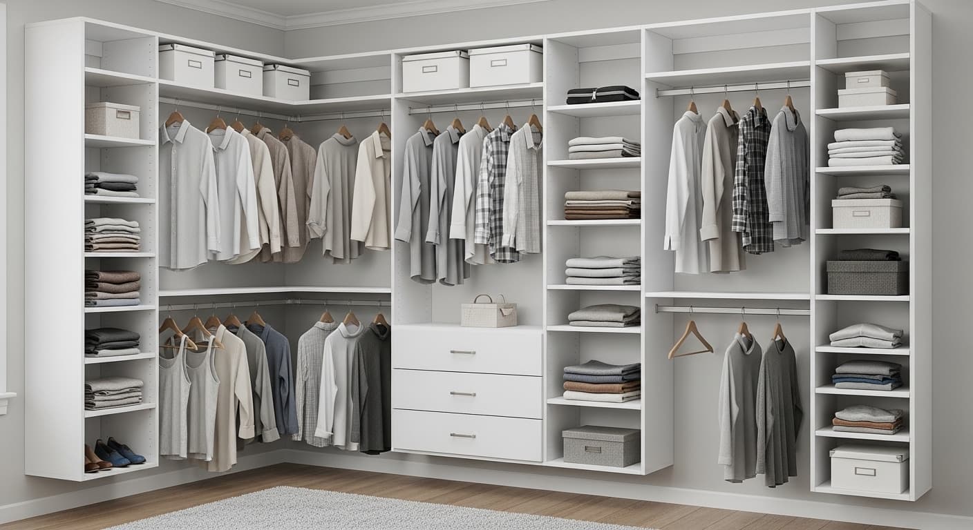 Custom walk-in closet with organized shelving and storage